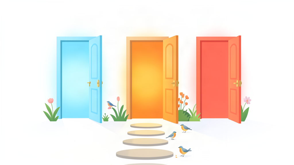Three open doors along a sunlit path — pick the one that fits today.