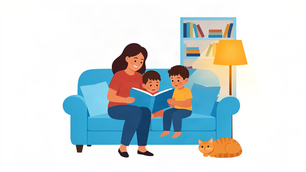 A parent reading with two children on a cozy sofa in the evening.