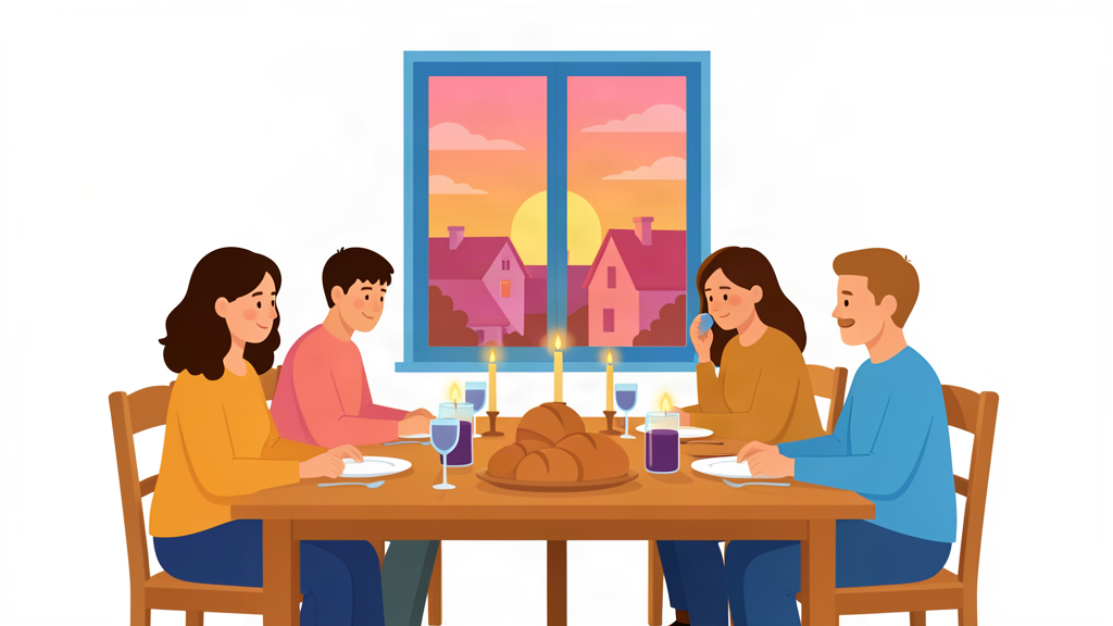 A family around a Friday evening table with candles and bread