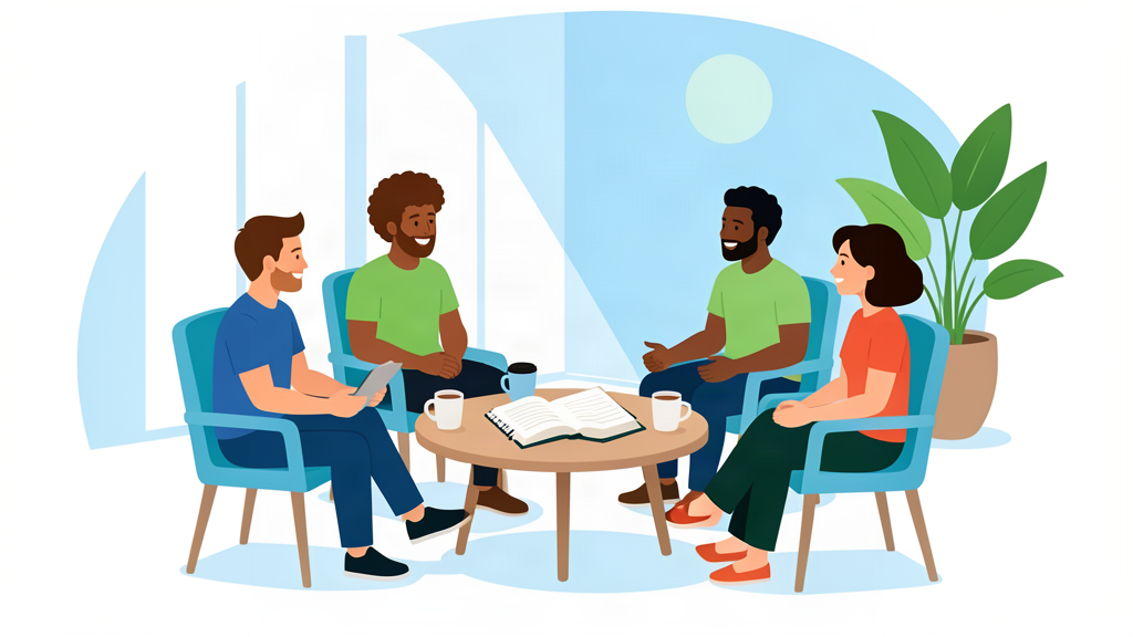 A small group praying and talking around a table