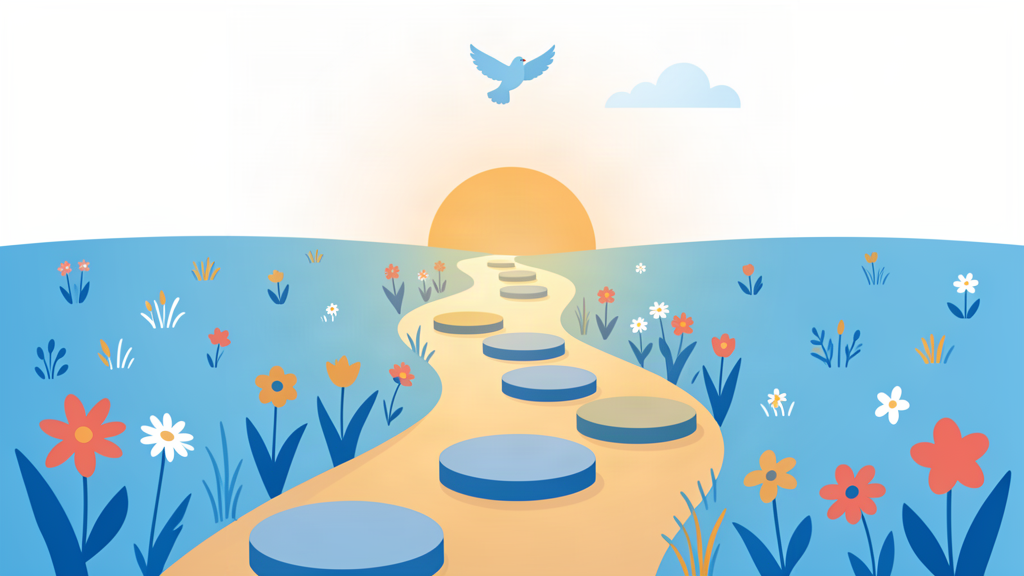 Seven stepping stones along a sunlit path toward a soft sunrise — one for each day of the week.